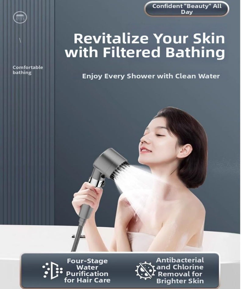 Shower Drops Head Filtered Showerhead With Five Filters,Filtered Shower Head With Handheld,High Pressure Turbo Showerhead,Reusable,Adjustable Settings With Hose4-piece set