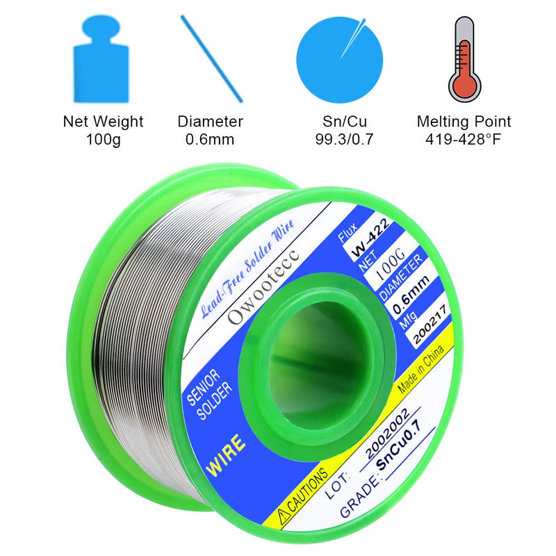 Owootecc solder, lead-free soldering wire with rosin core (Sn99.3 Cu0.7/0.6mm, 100g) for electric soldering and DIY Sn99.3 Cu0.7/0.6mm, 100g