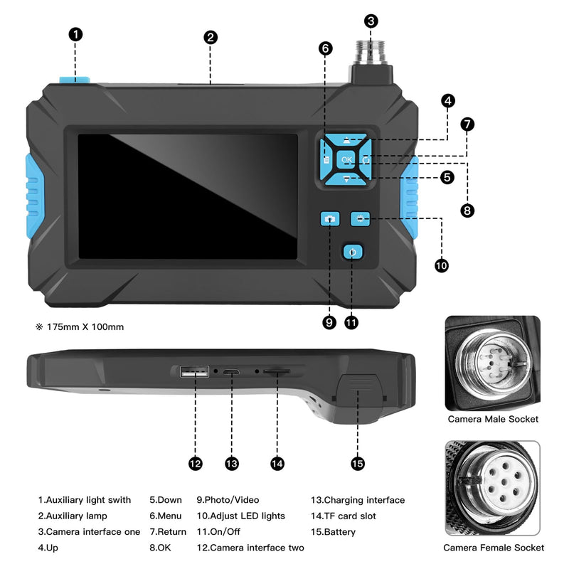 Shkalacar Industrial Endoscope, Endoscope Inspection Camera with 5.5mm IP67 Waterproof Camera, 4.3 Inch LCD Display, 6 LED Lights, 5m Solid Wire, Inspection Camera for Industrial Pipes Blue