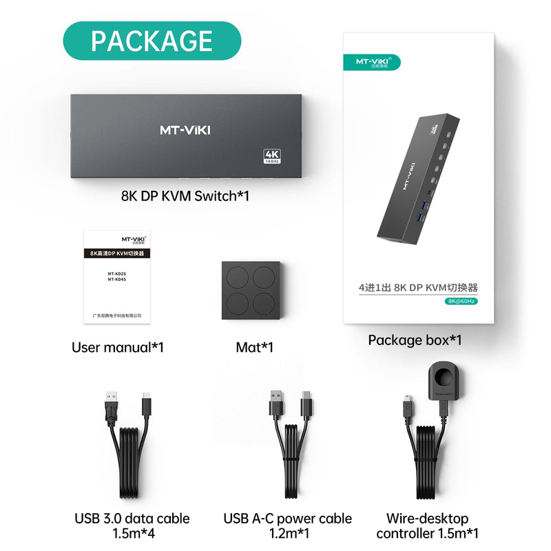 MT-VIKI 8K Displayport KVM Switch 4 in 1 Out DP1.4 with 4 USB 3.0 Ports, Support 8K@60Hz 4K@144Hz Share 1 Monitor Keyboard Mouse U-Disk Printer, with 4 USB A to C Cables 4 Port