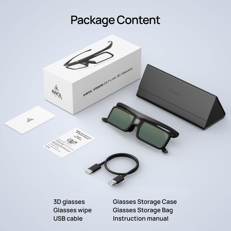 AWOL VISION DLP Link 3D Glasses, Rechargeable Active Shutter Eyewear Compatible with AWOL VISION LTV-3000 Pro and LTV-3500 Pro, Vanish TV & Other DLP-Link 3D projectors (2 Packs) 2 Packs