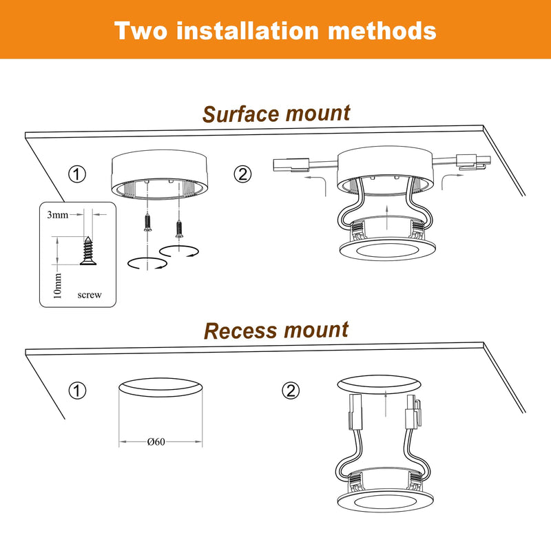 LUMILAND Wired LED Puck Lights 120V (2.7Wx5) Plug-in Lighting Warm White, LED Cabinet Light for Kitchen Can Be Surface Mount or Recess Mount, Black Black-5 Pack 3000K