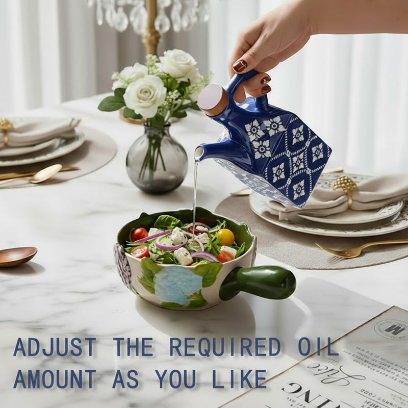 Ceramic Olive Oil Dispenser Bottle 8.5 oz – Decanter for Kitchen with Handle & Wooden Stopper, Decorative Oil and Vinegar Dispenser Set, Cooking Oil Container Cruet for Olive, Avocado, Vinegar, Jar BLUE - 8.5 oz