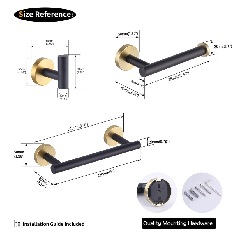 GERZWY Bathroom 3-Pieces Hardware Accessories Sets (Coat Hook 12-Inch Towel Bar Toilet Paper Holder) SUS 304 Stainless Steel (Black & Gold) AG111C(30.5) 7B5B-3BD Black & Gold
