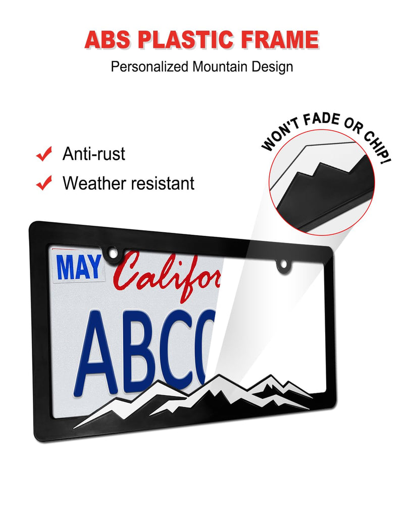 Mountain License Plate Frames- Plastic Black Car Tag Holder Bracket with Screws Caps, 2 Packs 2 Hole, White on Black, Mountain Vinyl Sticker Included