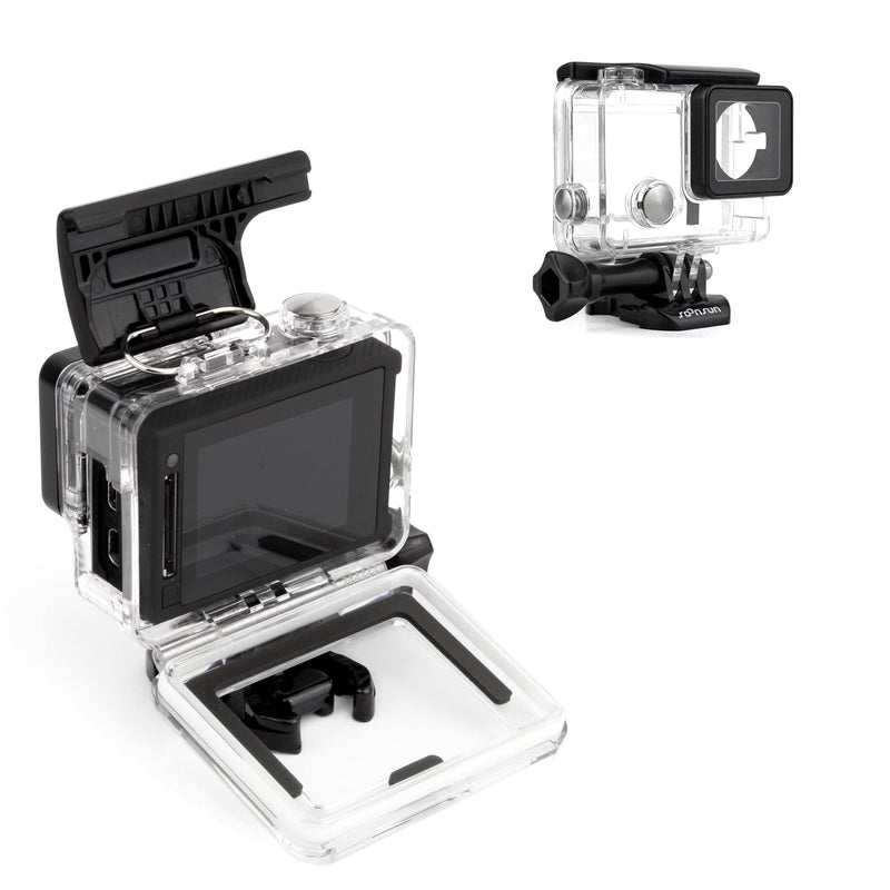 SOONSUN Side Open Protective Skeleton Housing Case for GoPro Hero 4 Black, Hero 4 Silver, Hero 3+, Hero 3 Cameras – LCD Screen Touchable and Charging without Removing The Housing Case
