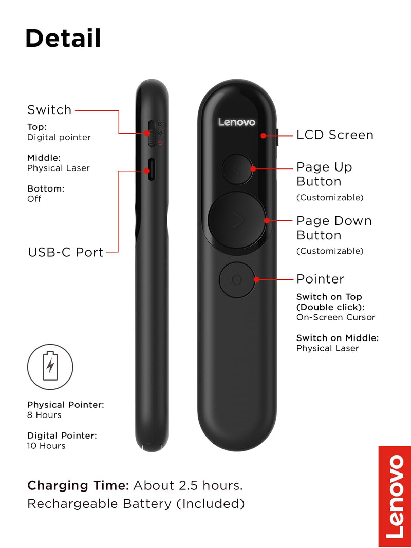 Lenovo Laser Rechargeable Presentation Remote, Bluetooth & USB, Digital & Laser Pointer, LCD Screen, Rechargeable Battery, 30M Range, Black, 500mm Cable Length