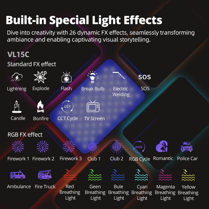 AMBITFUL Video Lighting with APP Control, RGB Full Colour, 10 FX Effects, Hot Shoe Base for Photography Video Lighting Studio, CRI/TLCI 95+ （VL15C VL15C