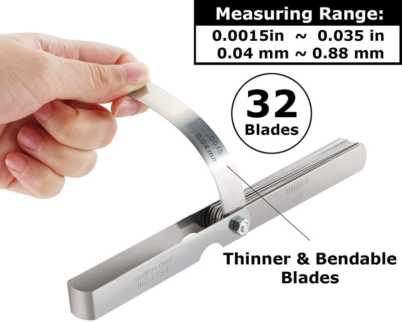 32 Universal Blade Thickness Gauge Stainless Steel Feeler Gauge Metric/Imperial Gap Gauge for Measuring Gap Width/Thickness/Metric Sizes - 0.038-0.88mm 32 Pieces