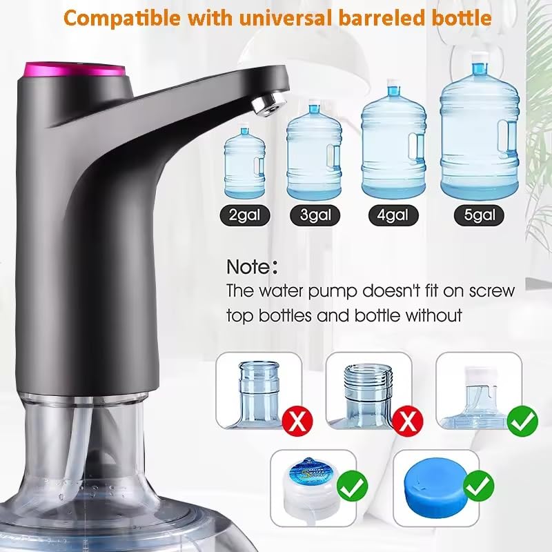 Automatic Water Dispenser Pump for 5 Gallon Bottle – 30-Day Battery, 600ml Preset, 2-in-1 Tabletop & Bottle-Top Electric Pump, USB Rechargeable for Home Office Camping RV, Black Tabletop Black