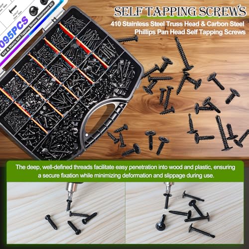 mxuteuk #8 Self Tapping Screws+1095PCS Self Tapping Screws Assortment Kits, #8#10 410 Stainless Steel Truss Head Self Drilling Screws