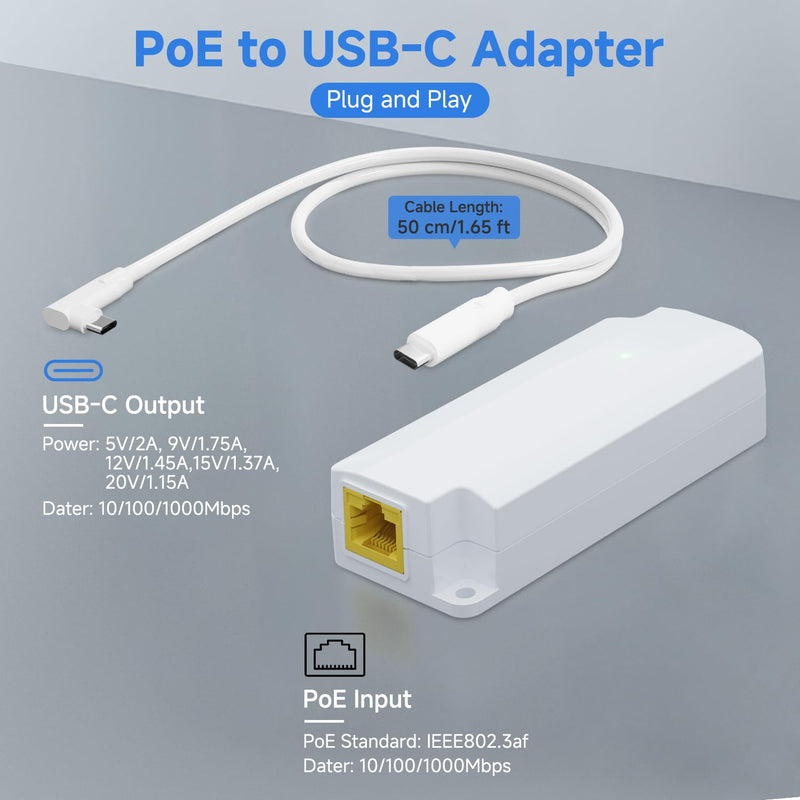 Gigabit PoE to USB C Converter for Smart Phone/Tablet, USB-C to Ethernet Adapter with 10W Charging, Power & Data 2-in-1 RJ45 Port to Type-C Adapter, 10/100/1000Mbps High Speed Plug & Play,IEEE802.3af 2 in 1 (10W)