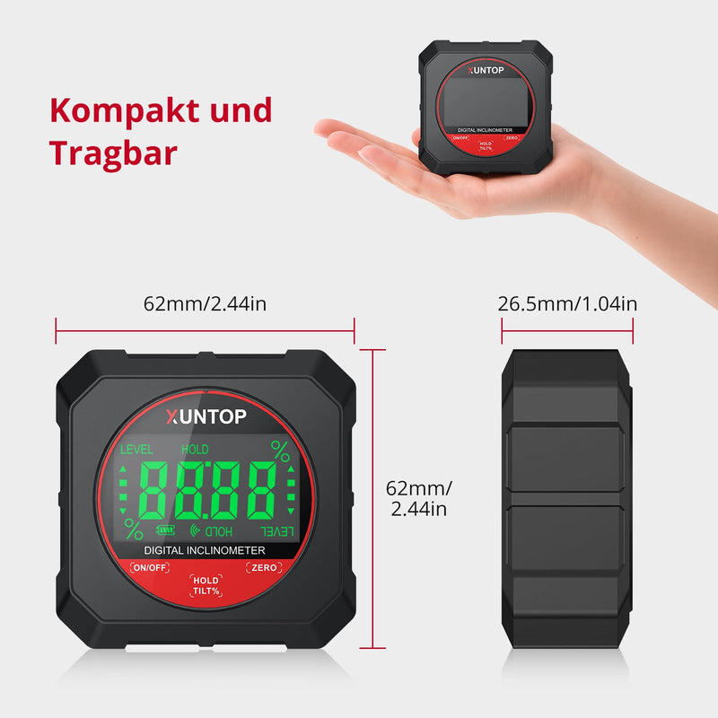 Xuntop Inclinometer 4 x 90° Digital Protractor 0.05° Resolution | For woodworking, workshops, outdoors, with magnetic base, durable and portable