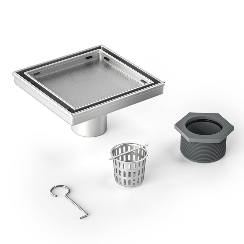 Square Shower Drain 6", Brushed Floor Drain with Tiled Insert Grate & Hair Strainer, 304 Stainless Steel Bathroom 2-in-1 Tiled in Drain, CUPC Certified (Brushed, 6'') 6''