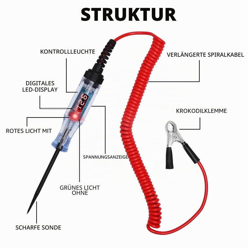 Car Power Tester with LED and Digital Display, Voltage Tester 12 V 24 V with Crocodile Clip and Spring Cable, Test Lamp for Car Fuses Voltage Test Diagnostic Tool