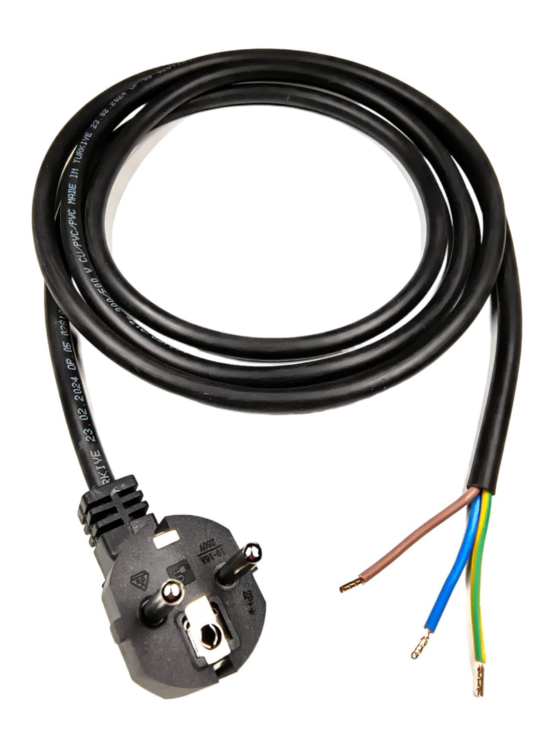 Power Cable with Ferrules, Schuko Plug 230V 16A, 2 Metres, Black | Connection cable, power cable with terminals, earthing contact cable, adapter cable, IP20 2 m