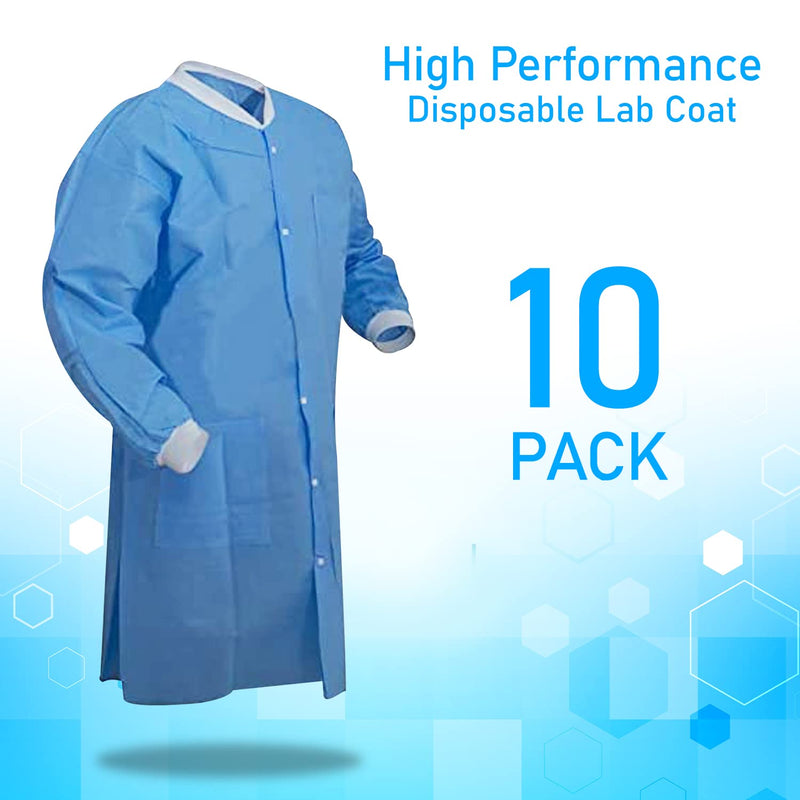 EOM Disposable Lab Coats - Lab Coats for Men and Women - Knee Length Lab Coat with Knit Cuffs and Collar - Medical Lab Jacket for Adults - Pack of 10, (Large Size) Large