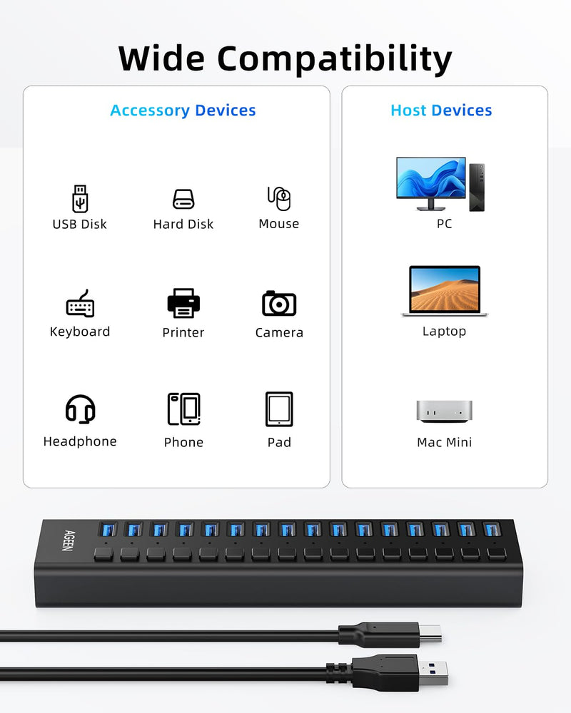 AGEEN 16-Port USB 3.2 Gen 2 Hub, 10Gbps High-Speed Aluminum Powered Hub with 96W Adapter, Individual Switches & Surge Protection for PC/Laptop, Flash Drive, Printer, Camera