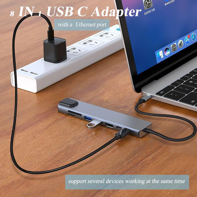 8 in 1 USB C Adapter, 4K@30Hz HDMI Output Multi-Port Type C Hub, Fast Charging USB C Converter with Ethernet Port, SD/TF Card Reader, Type C Docking Station Compatible with Laptops, Mouse, Keyboard
