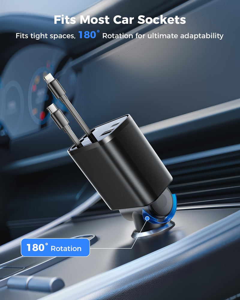 [2024 Upgraded] 4 in 1 Retractable Car Charger, SUPERONE Smaller Fast Car Phone Charger 69W with Cord, USB C and Lightning Car Charger Adapter, Compatible iPhone 15/15 Pro Max/14/13/12/11, Sumsung Black