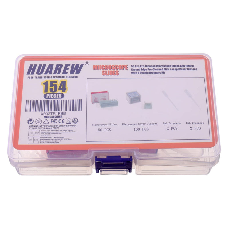 HUAREW 50 pieces pre-cleaned microscope slides and 100 pieces pre-cleaned microscope cover glasses with 4 plastic pipers.