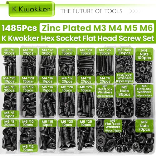 M3 M4 M5 M6 Nuts and Bolts Assortment Kit, Hex Socket Flat Head 24 Size 6-25mm Metric Bolt Assortment, Upgraded Zinc Plated Screw Set Machine Screws, Bolts and Nuts Kit w/Washers, 1485Pcs F. M3 M4 M5 M6