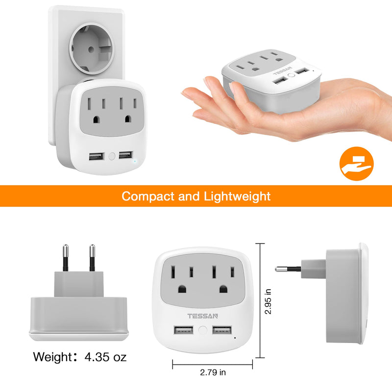 European Travel Plug Adapter Converter, TESSAN International Power Plug Converter with 2 USB, Type C Outlet Adaptor Charger for US to Most of Europe EU Iceland Spain Italy France Germany Gray-Type C