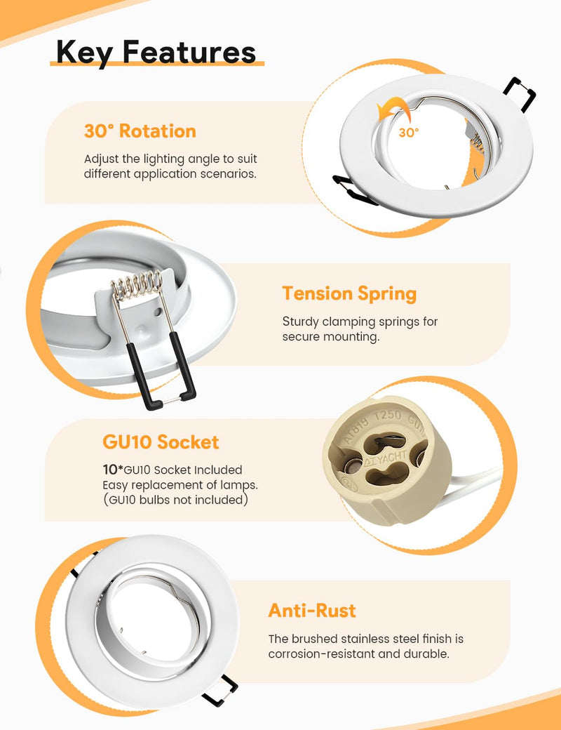 LED recessed spotlight GU10 set, (incl. GU10 socket), LED spots 230V, hole diameter 68mm, installation frame in round, white matt, 30° swivel, recessed spots made of metal, for recessed lighting (10 pieces) white