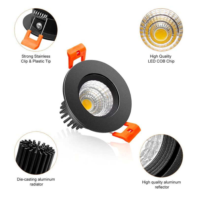 2Inch LED Recessed Ceiling Light, 3W Dimmable LED Downlight, Warm White 3000K, 60 Beam Angle Directional COB Recessed Lights with Driver, 25W Halogen Bulbs Equivalent for Ceiling Lighting, 6Pack 3000k (Warm White) 6P Black (COB)