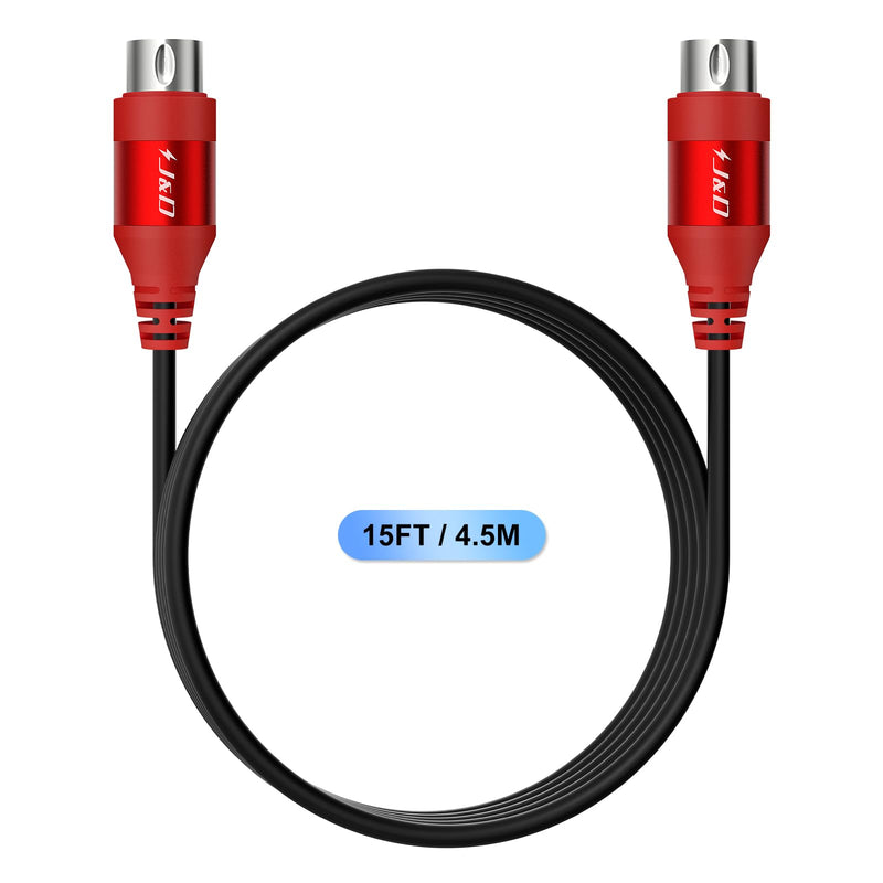 J&D 5-Pin DIN MIDI Cable, Male to Male Cables Compatible with Keyboard, Synthesizer, Guitar Multi Effects, Audio Interface/Mixer/Amplifier, External Sound Card (Red, 15 Feet) Red