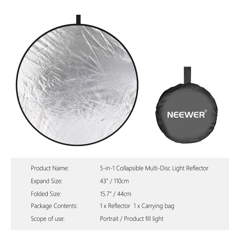 NEEWER 43 Inch/110 Centimeter Light Reflector Diffuser 5 in 1 Collapsible Multi Disc with Bag - Translucent, Silver, Gold, White, and Black for Studio Photography Lighting Outdoor 110cm