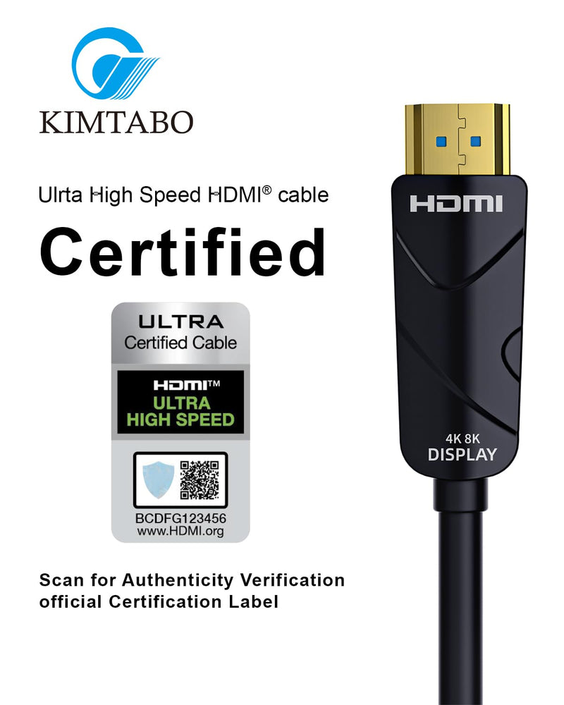 Fiber Optic HDMI Cable 50 ft, 10K 8K 4K Certified HDMI 2.1 Cable, CL3 Rated in Wall 48Gbps Extra Long Active Cable, Slim & Light Unidirectional One-Way HDMI, Support D-HDR, eARC Dolby Atmos Uni directional Black