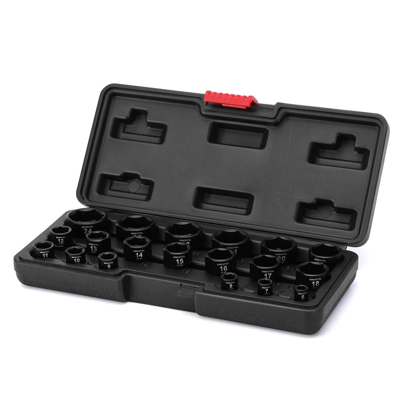 EMENTOL 19 Pieces 3/8" Drive Low Profile Nano Impact Socket Set, 6mm-24mm, Metric Stubby sockets, CR-MO 3/8" Drive (6mm-24mm)
