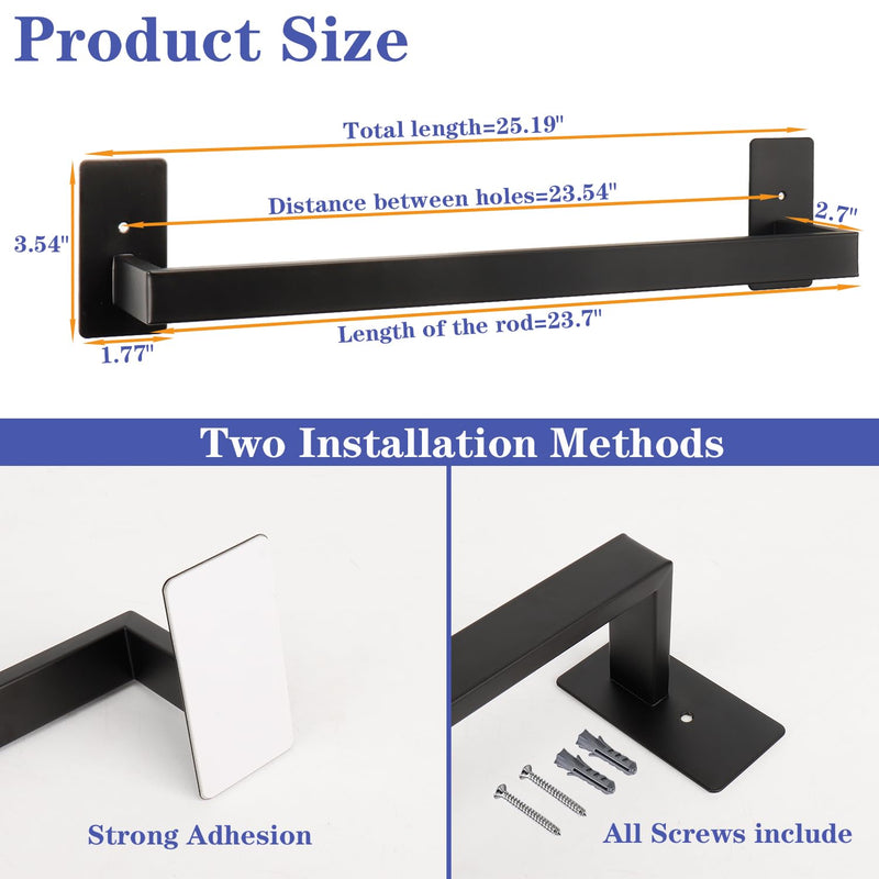 Bathroom Towel Bar Self Adhesive, No Drilling Towel Rack Easy to Install, Hand Towel Holder Made of Premium Stainless Steel Sticky on Hand Towel Hanger for Kitchen, Toilet.(24IN, Black) 24 IN