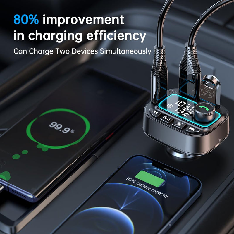 Bluetooth 5.3 Car Adapter FM Transmitter, 42W (PD30W & 12W) USB C Car Charger Wireless Radio Receiver, Hands-free Calling MP3 Audio Player Car Kit, Light Switch & Fast Charging & Deep Bass (Black) Black