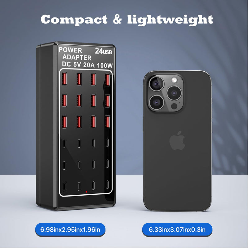 USB Charger 24 Ports, USB Charging Station 24-Port 100W(20A), USB Charger Block, 12 USB A & 12 USB C Ports fast Charger Desktop, Multi-Function Smart Charger for Apple iPhone iPad Samsung Laptop Pixel