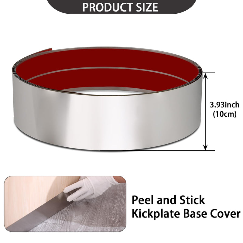 Stainless Steel Kick Plate, Peel and Stick Kickplate Base Cover, Baseboard Molding Trim for Wall, Door, Kitchen Cupboard, Dishwasher Toe - Anti-Scratch Protection (9.8ft x 3.9in, Shiny Silver) 9.8ft x 3.9in Glossy Silver