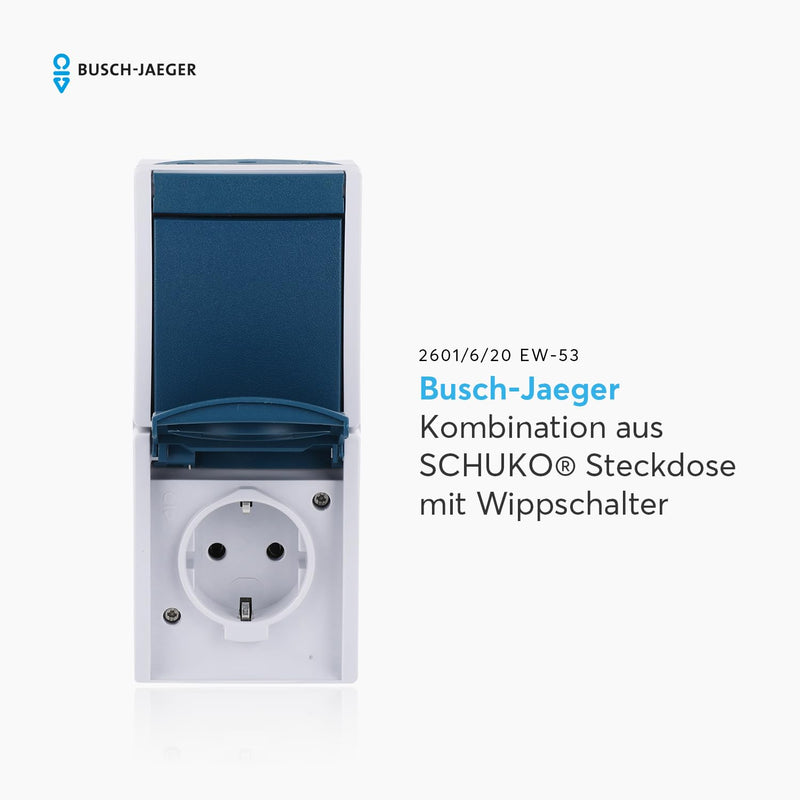 Busch-Jaeger 2601 / 6 / 20EW-53 Combination Socket / Rocker Switch, EU Socket | Wet Room Switch Socket Combination, Vertical Mounting, Grey/Teal, for Garden, Cellar & Workshop Socket + rocker switch on and off switch