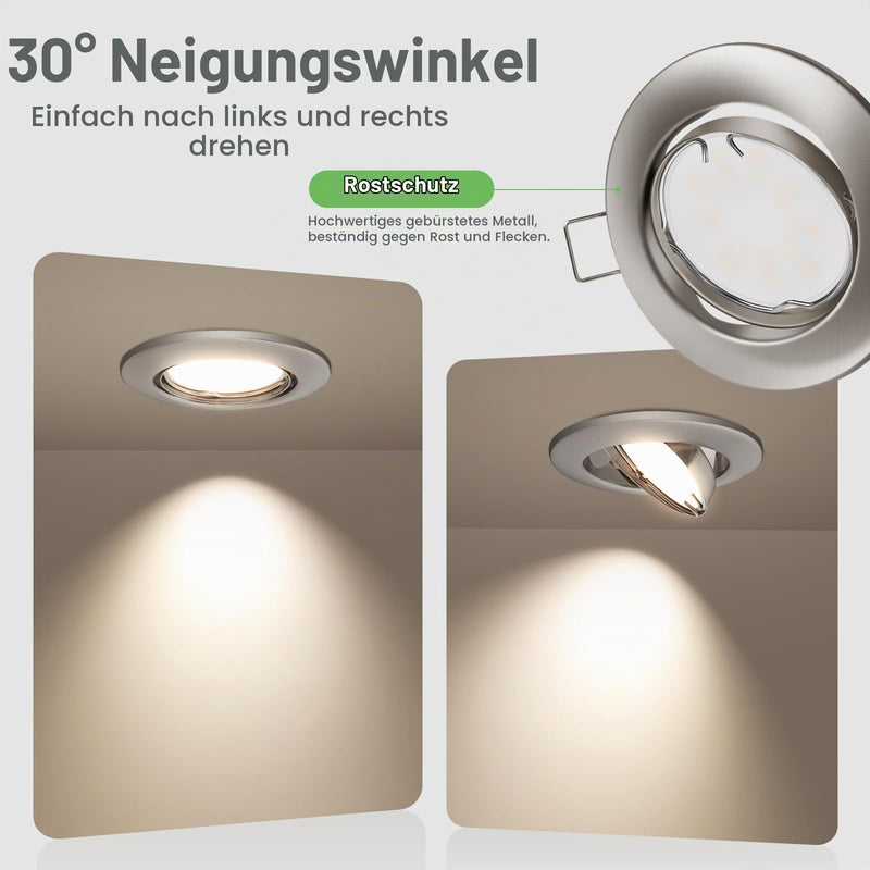 ALUSSO Set of 10 Metal Recessed Spotlights GU10 Frame 68 mm Mounting Frame 230 V | inkl. GU10 Fassung, 30° Schwenkbar, Abnehmbar Einbauspots Decken Spots Badezimmer für LED oder Halogen Leuchtmittel, Nickel Brushed Nickel