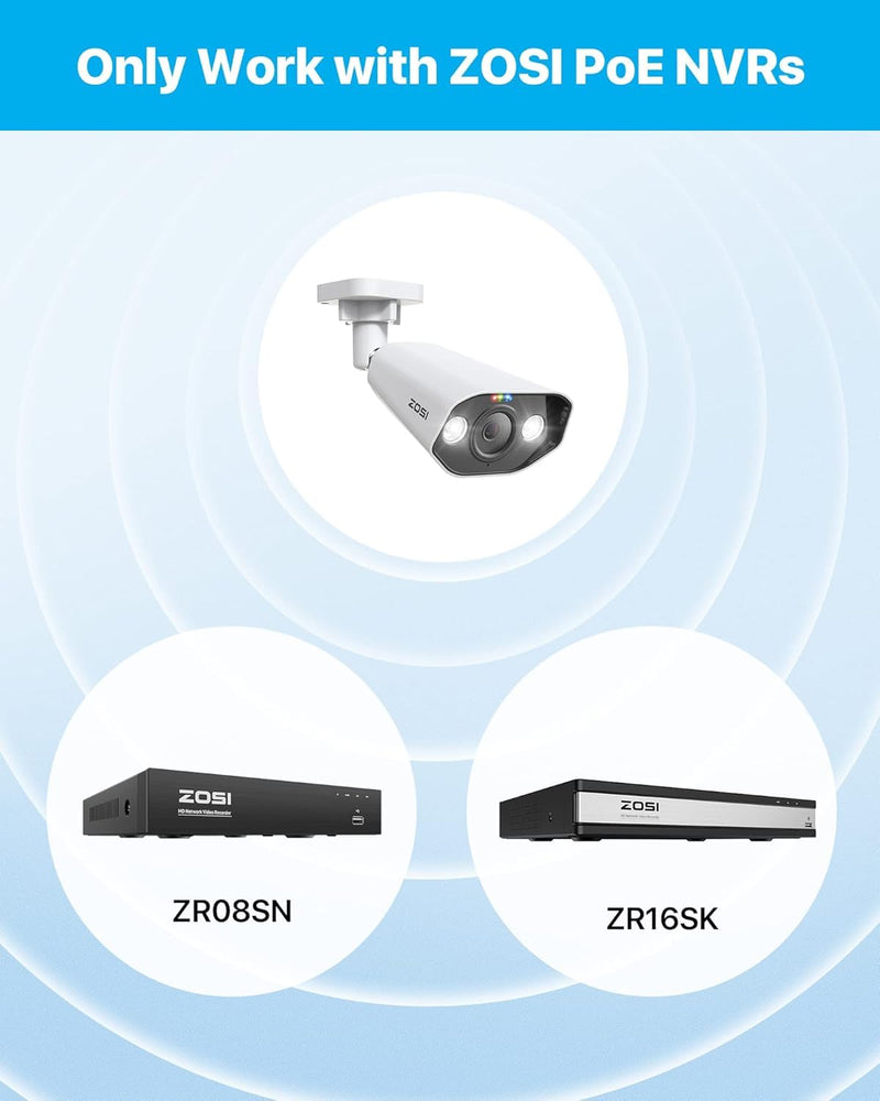 ZOSI 5MP PoE Add-on Camera, Face Person Vehicle Detection, 2 Way Audio, Starlight Night Vision, Sound&Light Siren, 3K Weatherproof Outdoor Indoor Home Bullet IP Cam, Only Compatible with ZOSI POE NVR POE-1Cam
