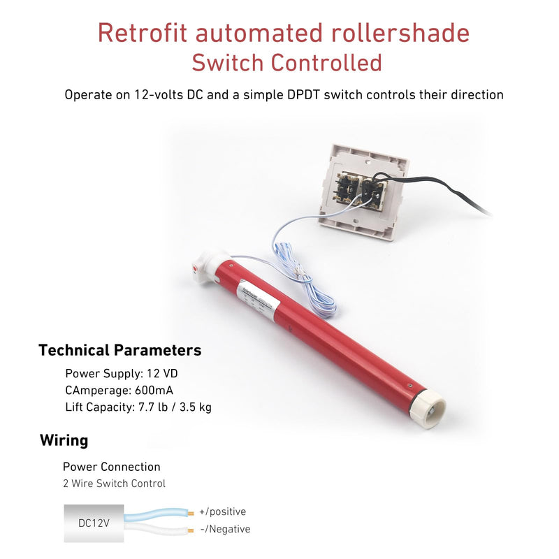 Rollerhouse 2 Wire Switch Controlled Motor Electric Roller Motor Hard Wired 12V DC Motors for RV Electric Roller Shade, Working for 1-3/16" Roller Tube DC 12V Switch Control, 1-3/16" Roller Tube