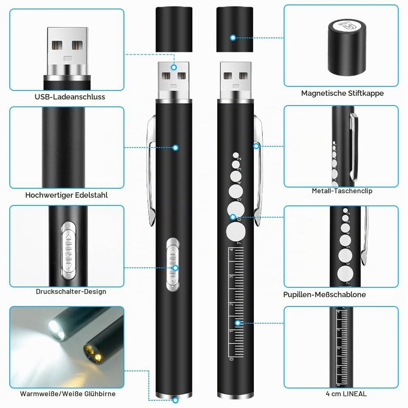 flintronic Pupil Light Medicine, Diagnostic Light Nurse Emergency Service Accessories, with Pupil Meter & Ruler, Rechargeable USB LED Pen Lamp for Nurses, Students, Doctors | 2 Modes Hidden USB Charging with Pupil Meter and Clip for Various Purposes, P...