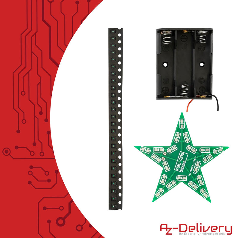 Az Delivery 3 x LED Poinsettia Soldering Set - DIY Electronics Kit for a Star with Red Lighting Effect - Ideal for Mint Learning, Christmas Decoration and Soldering Exercises