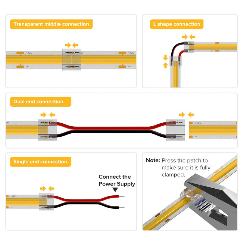 BTF-LIGHTING FCOB COB 8 mm 0.31 in Connector Kit 19 Pieces | 14 x transparent connectors, 5 x 15 cm, 20 AWG extension cable for gap-free soldering and FCOB corner connections 2pin 8mm