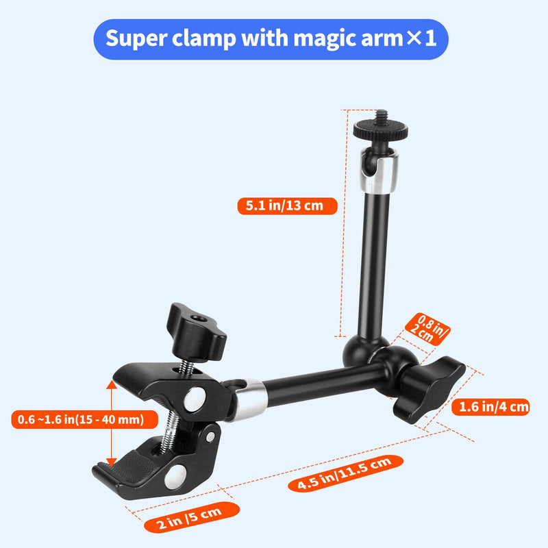 Hemmotop Magic Arm Camera Mount Clamp, 9.8 in Adjustable Articulating Friction Arm Max. Load 6.6 LBS, for iPhone Monitor, Camera Mounts & Clamps Kit MS01 Black