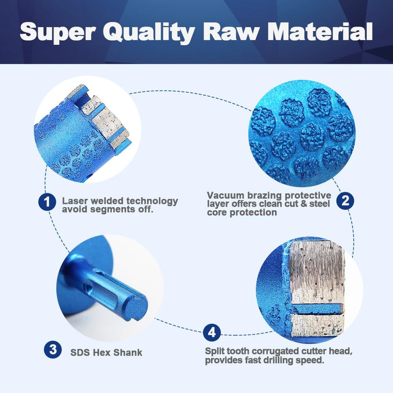 Diamond Core Drill Bit,BRSCHNITT 1 3/8 Inch Laser Welded Diamond Hole Saw for Granite Marble Solid Block Stone Reinforced Concrete,Dry or Wet Drilling SDS Plus Hex Shank(35mm) 1 3/8"(35mm）SDS PLUS
