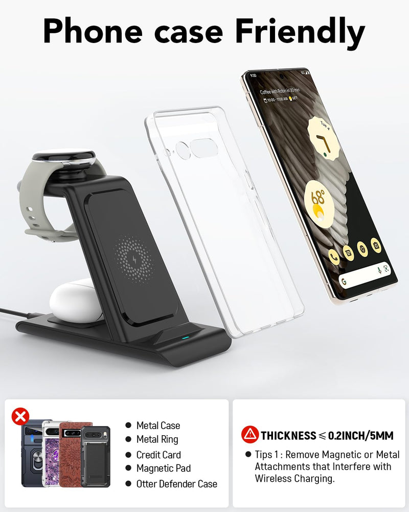 Upgraded 3 in 1 Wireless Charger Compatible with Google Pixel Watch 3/2, Pixel 9 Pro XL/9/Fold/8/7/7A/6 Pro, Pixel Buds Pro/2, Wireless Charging Station for Multiple Devices (Not for Pixel Watch 1)