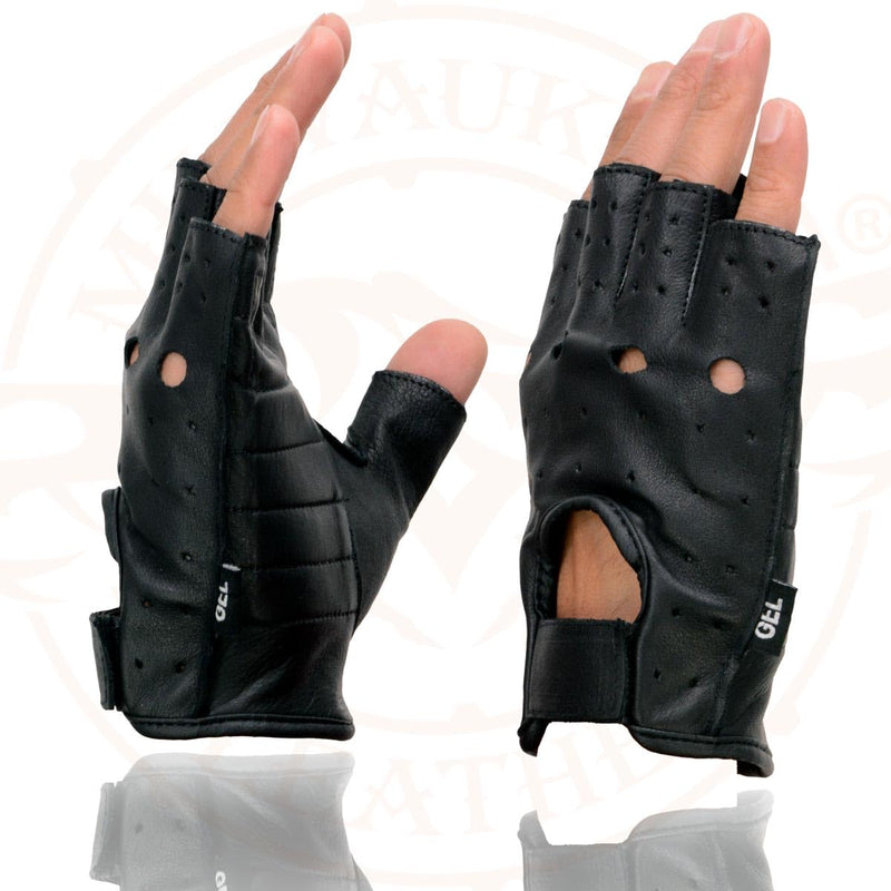 Milwaukee Leather SH195 Men's Black Leather Perforated Gel Padded Palm Fingerless Motorcycle Hand Gloves W/ ‘Open Knuckle’ Large