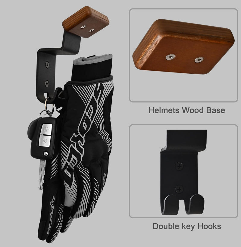 Helmet Holder Wall Mount, Motorcycle Gear Rack with 2 Key Hooks, Constructed with Solid Wood & Strong Steel for Bike Tactical Gear Baseball Football Skiing Helmet (1) 1