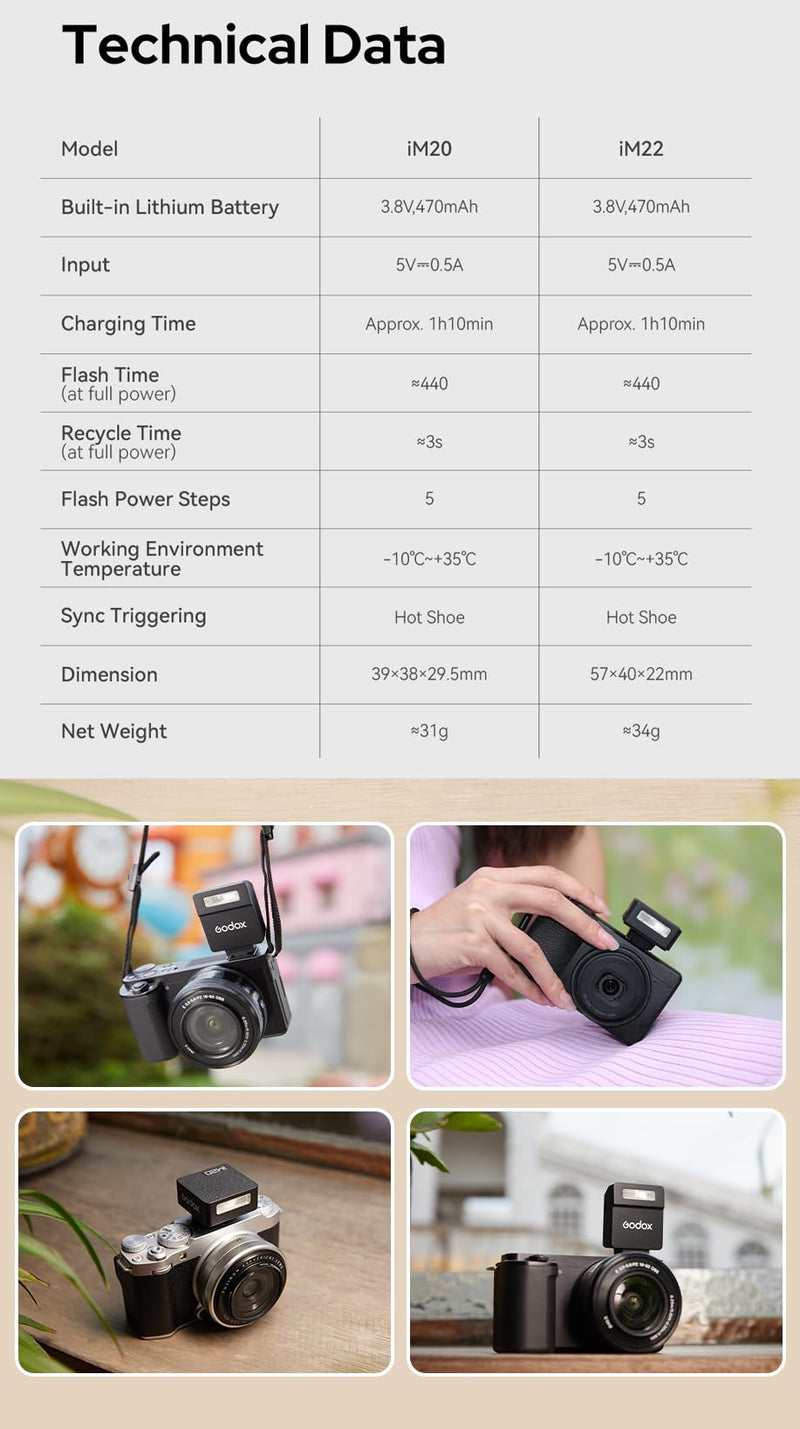 Godox iM20 Camera Flash with Diffuser, GN10, USB-C Charging, Built-in Battery with 5 Levels Flash Power, 440 Full-Power Flashes for Canon, Sony, Fuji, Nikon, Panasonic, Olympus Single-Contact Hotshoe